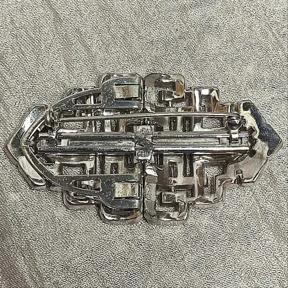 Duette Large Silver Tone Vintage Brooch Paste Stones Rhinestones 1940's *FLAWED*